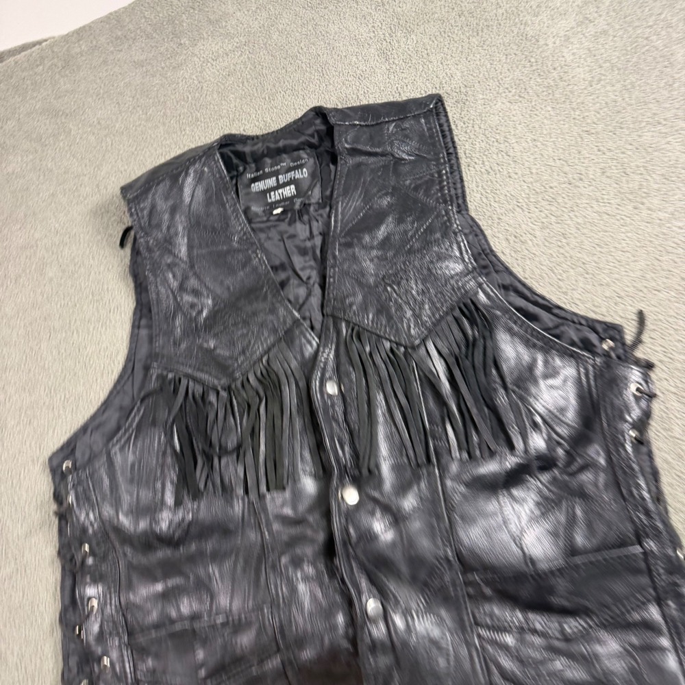 Navarre Leather Co Black Buffalo Leather Fringe Biker Vest Mens XXL Patchwork
